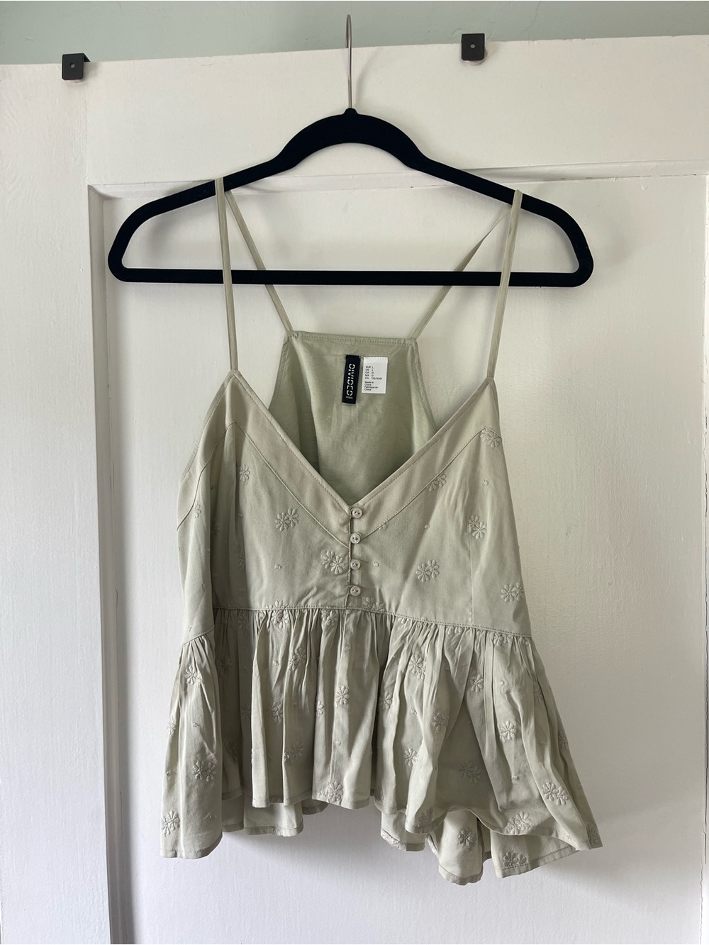 H&M Embroidered Peplum Cami Top in Sage Green